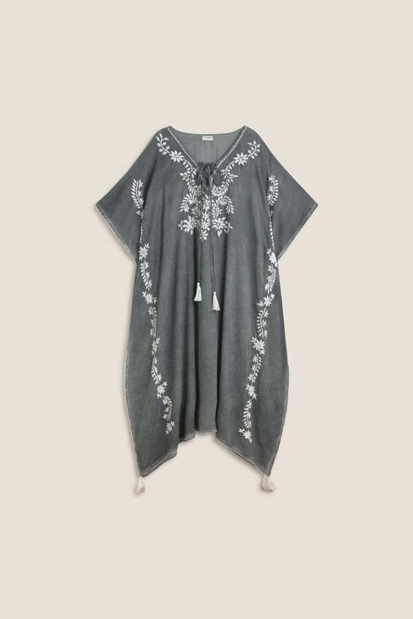 Textura T&uacute;nica larga algod&oacute;n detalle bordado gris