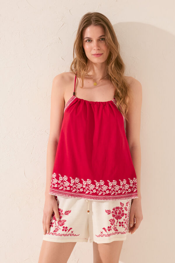 Women'secret Camiseta tirantes 100% algod&oacute;n rojo bordado rojo