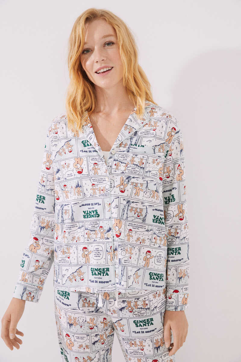 Womensecret Pijama camisero 100% algodón Santa navideño verde
