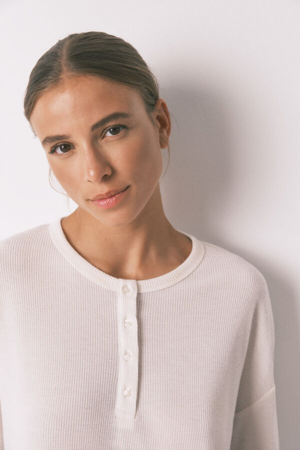 Women'secret Pijama largo textura waffle blanco blanco