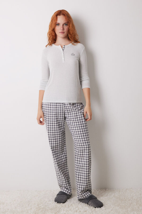 Women'secret Pijama longo xadrez cinza bege