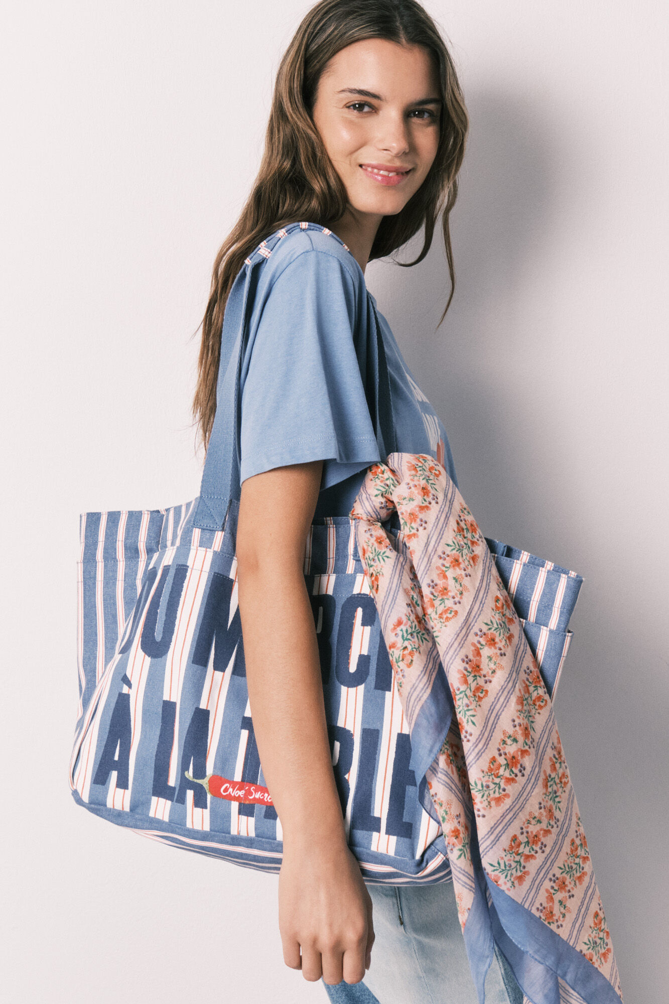 Women'secret Mala tote bag em algod&atilde;o estampado &agrave;s riscas