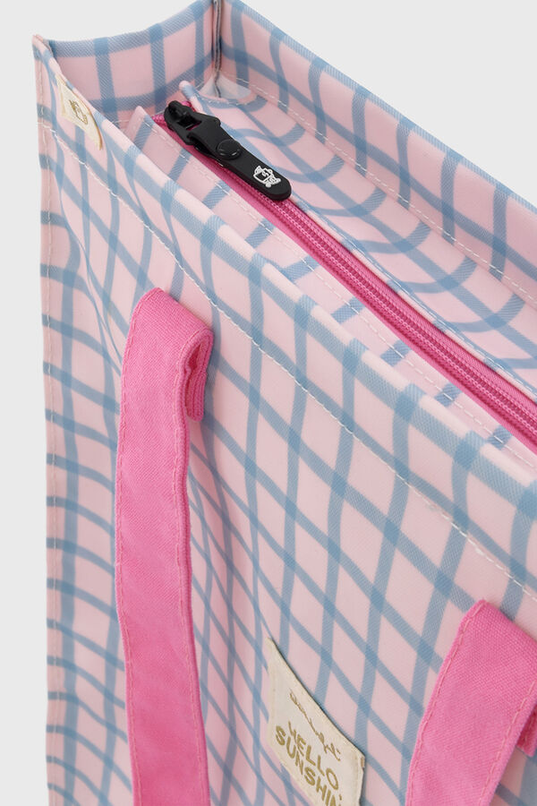 Mr. Wonderful Bolsa de tela tote bag cuadrados azul y rosa Hello, sunshine! estampado