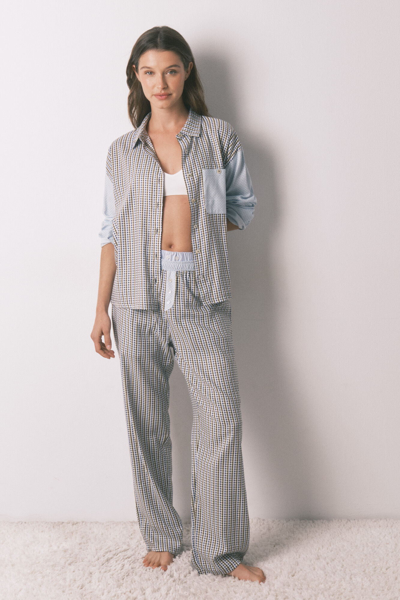 Women'secret Pijama largo camisero cuadros y topos