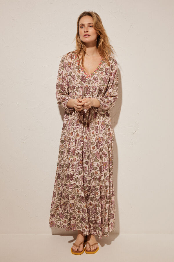 Women'secret Vestido largo estampado multicolor blanco