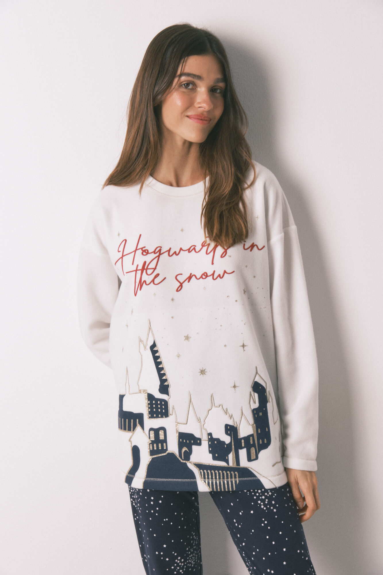 Women'secret Pijama largo polar estampado "Hogwarts" 