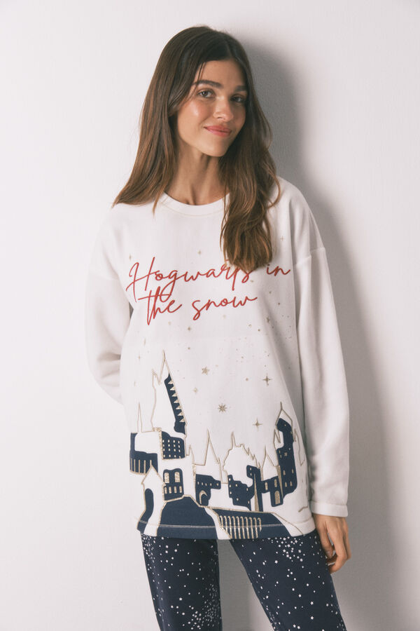 Women'secret Pijama largo polar estampado "Hogwarts"  marfil