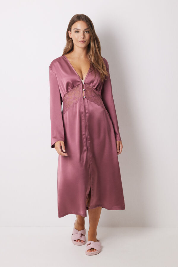 Women'secret Robe longo de cetim rosa com renda rosa