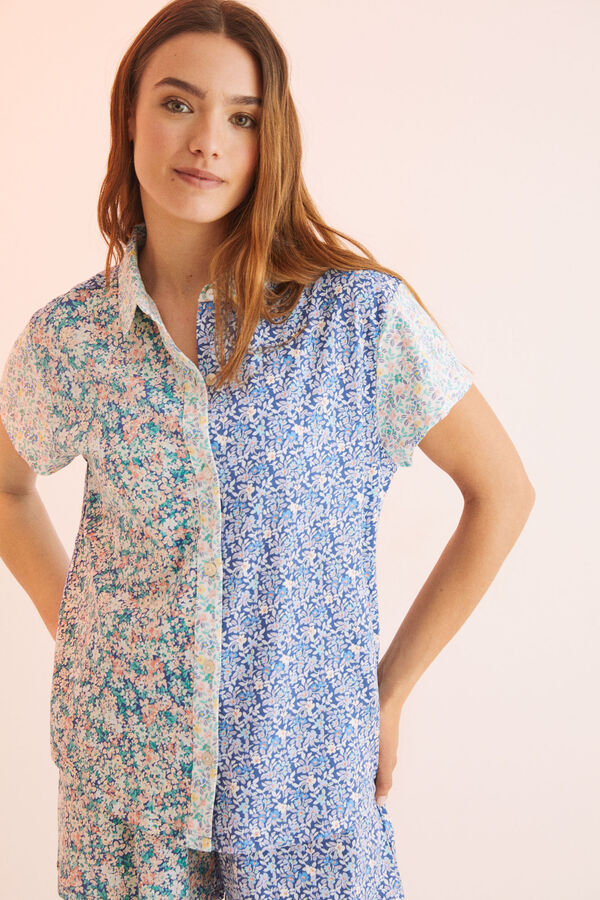 Womensecret Pijama camisero corto patchwork 100% algodón azul