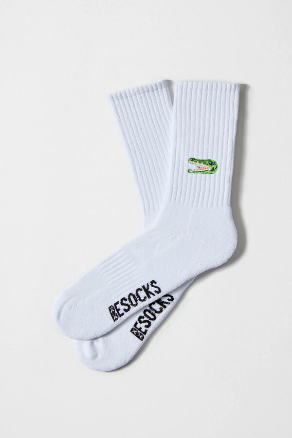 Besocks Meias altas com estampa de crocodilo, algodão orgânico branco branco