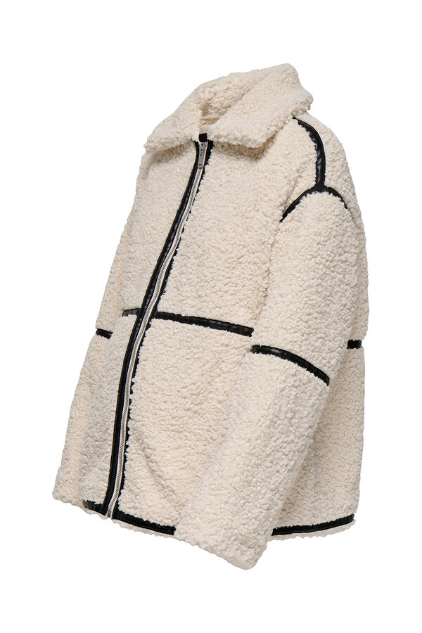 Only Maternity Jaqueta teddy bege para pré-mamã com detalhe de fitas preta branco