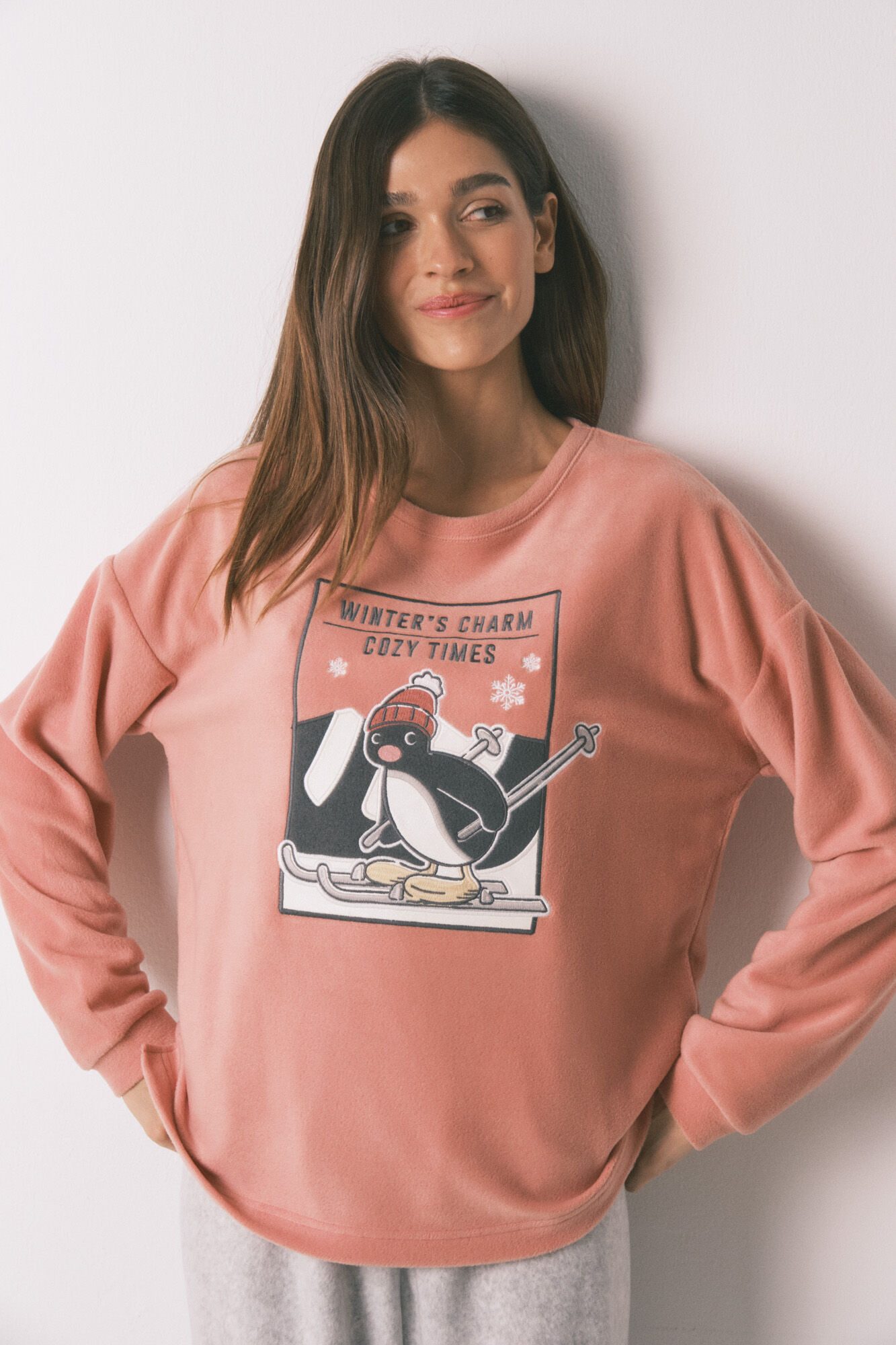 Women'secret Pijama comprido polar suave rosa e cinzento Pingu