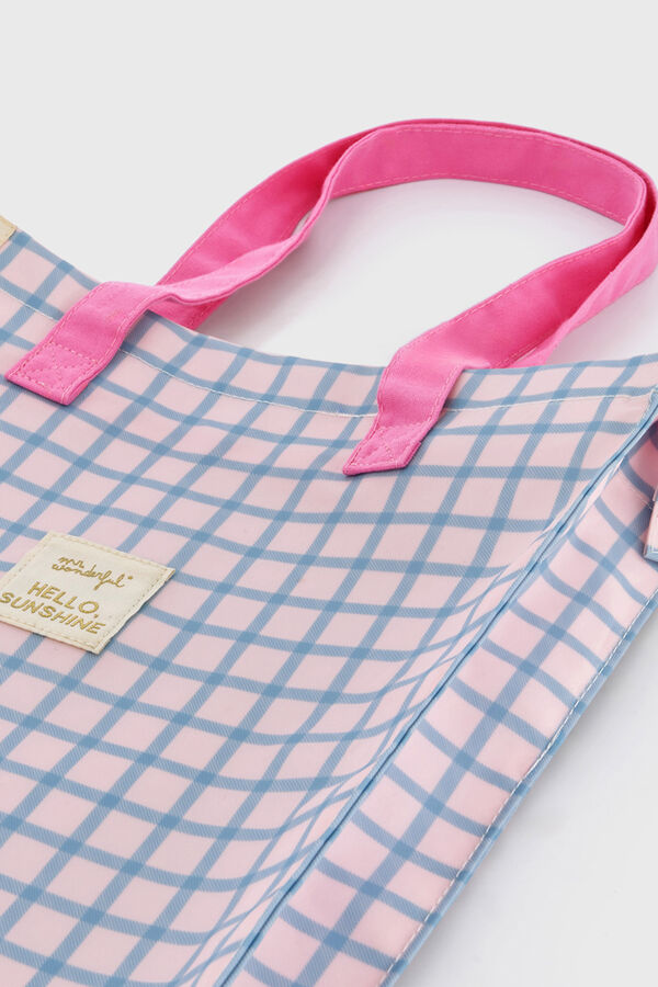 Mr. Wonderful Bolsa de tela tote bag cuadrados azul y rosa Hello, sunshine! estampado