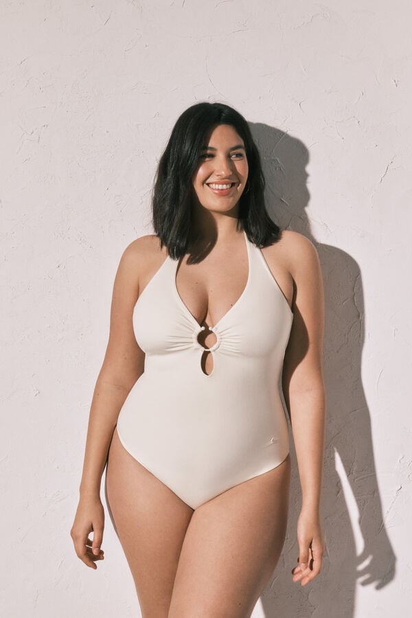 Women'secret Fato de banho branco, moldador e decote profundo  bege