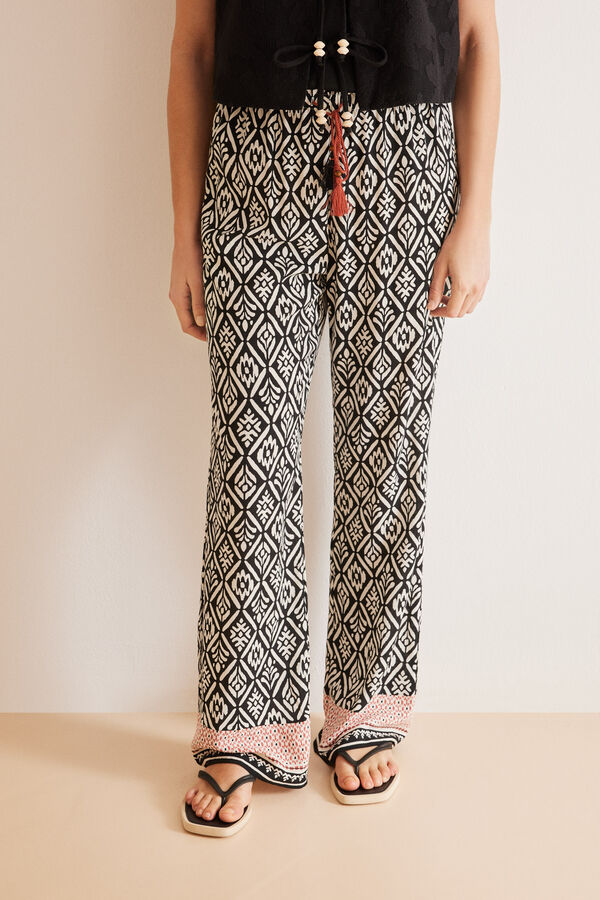Women'secret Pantalones viscosa estampado geom&eacute;trico &eacute;tnico negro