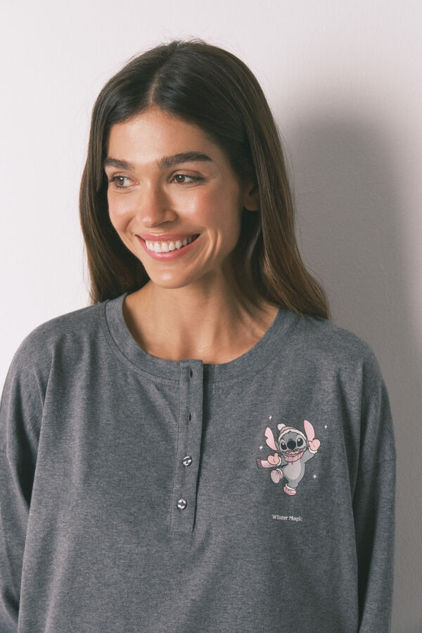 Women'secret Pijama largo 100% algod&oacute;n gris cuadros Stitch gris