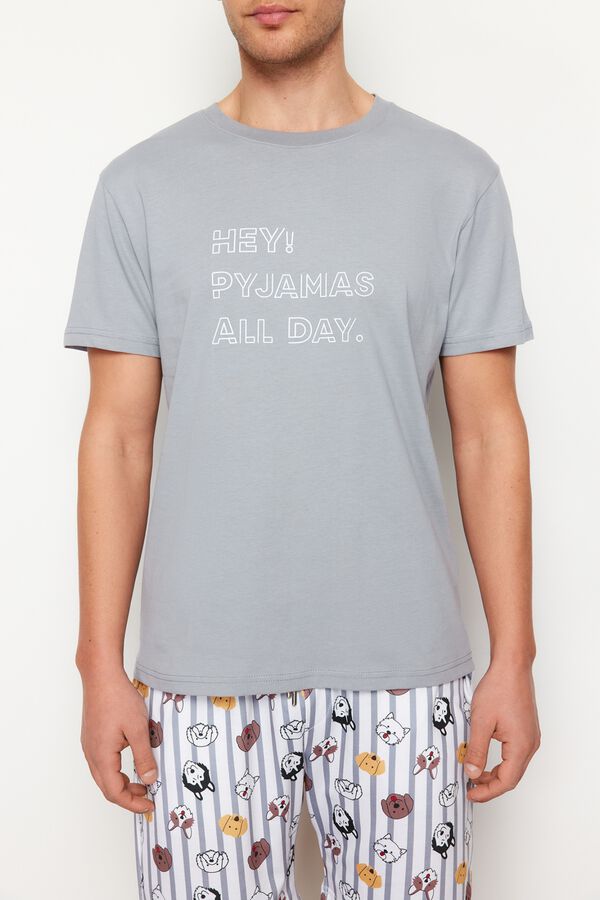 Trendyol Conjunto de pijama curto de riscas e animais cinzento