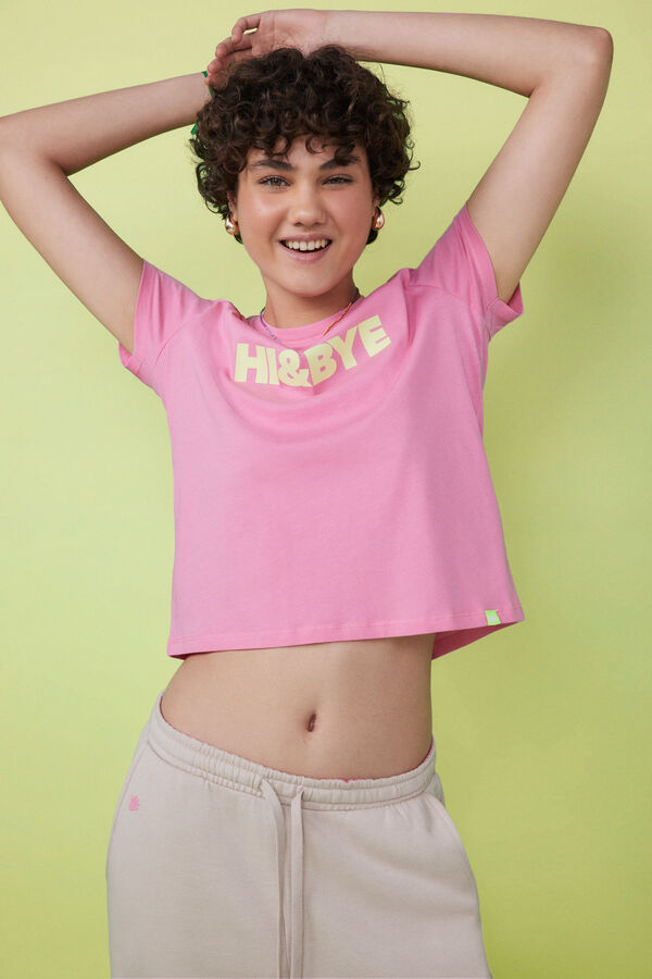HI&BYE Camiseta 100% algod&oacute;n fucsia logo fucsia