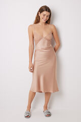 Women'secret Camis&oacute;n largo sat&eacute;n y encaje nude marr&oacute;n