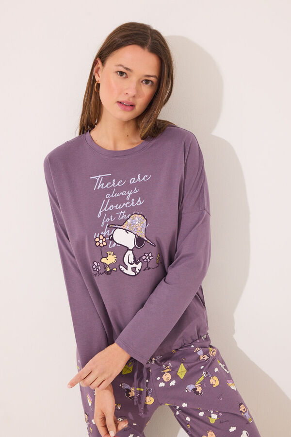 Women'secret Pijama largo 100% algod&oacute;n print Snoopy morado/lila