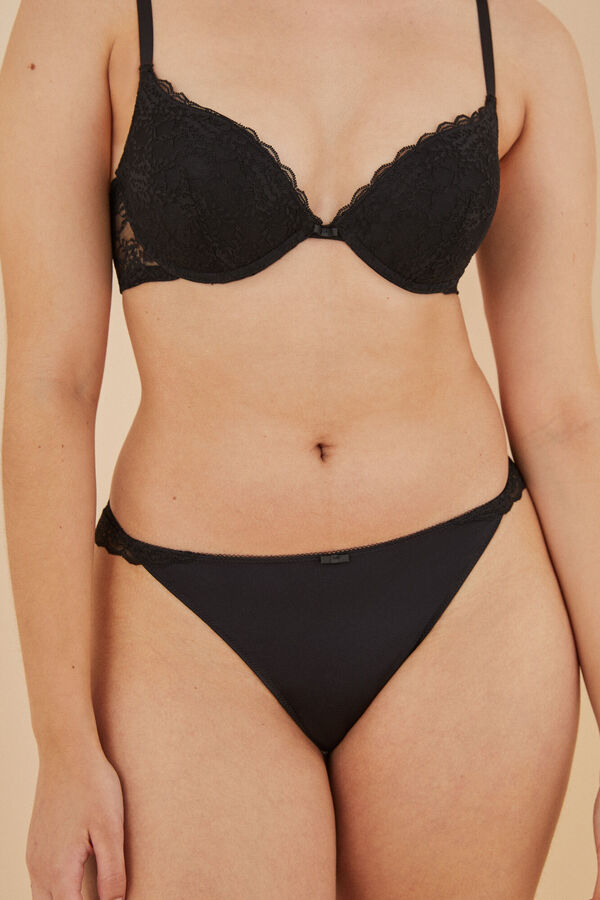 Women'secret Tanga microfibra encaje negro negro