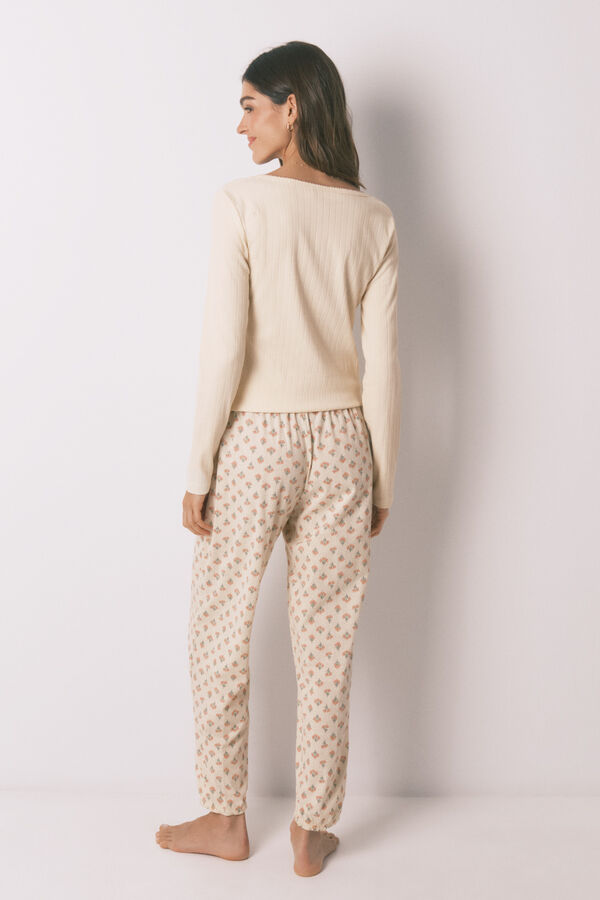 Women'secret Pijama largo algod&oacute;n estampado flores amarillo marfil