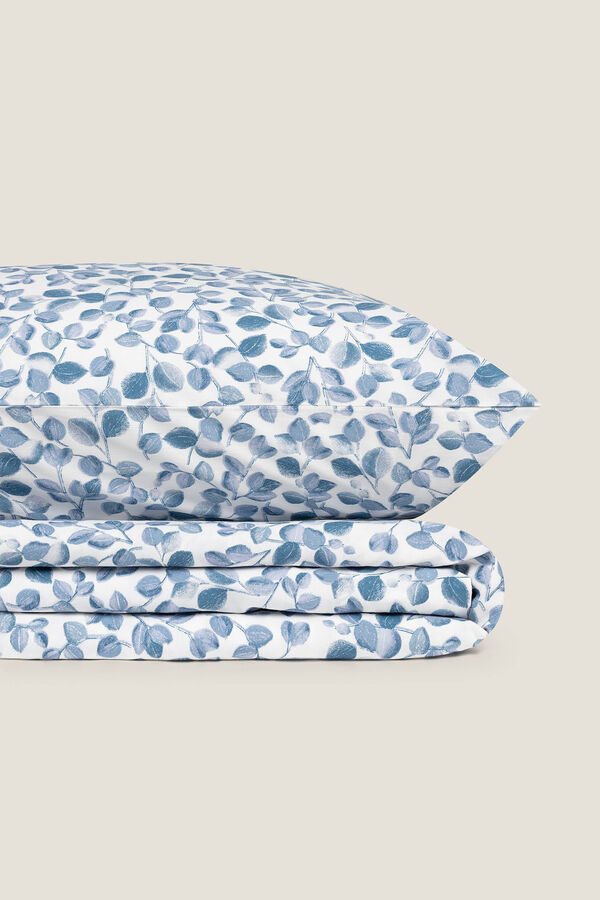 Textura S&aacute;bana hojas algod&oacute;n percal. Cama 80-90cm. azul