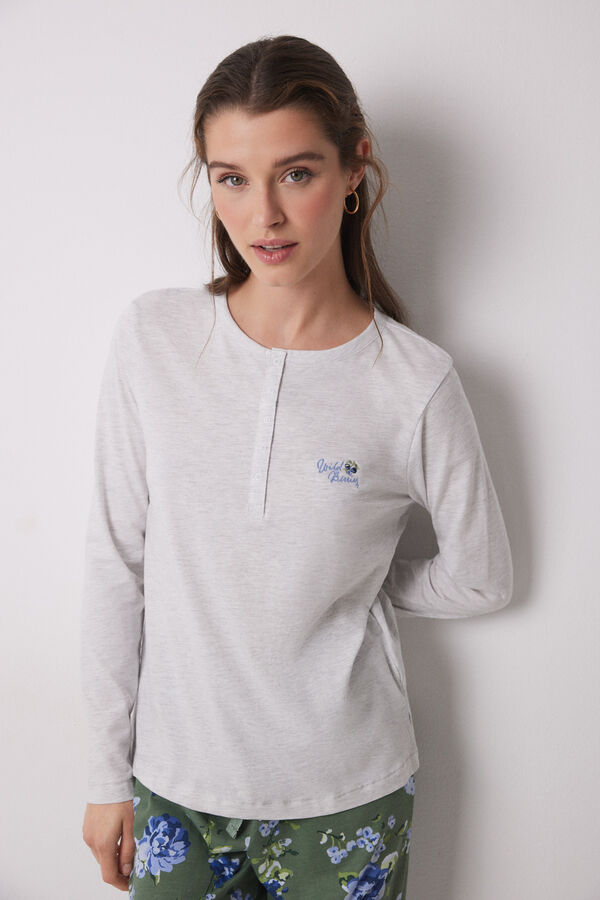 Women'secret Pijama largo 100% algod&oacute;n estampado flores gris