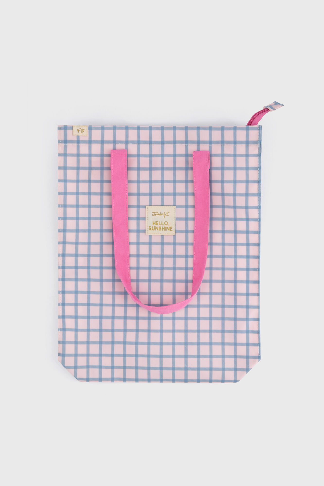 Mr. Wonderful Bolsa de tela tote bag cuadrados azul y rosa Hello, sunshine!