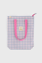 Mr. Wonderful Bolsa de tela tote bag cuadrados azul y rosa Hello, sunshine! estampado