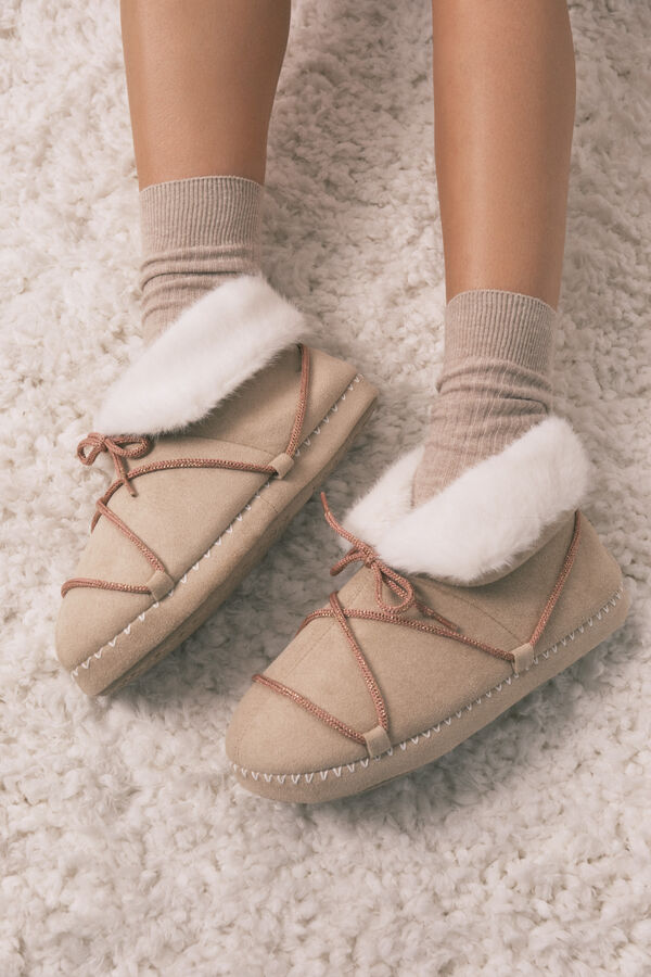 Women'secret Zapatillas casa botas antelina beige beige