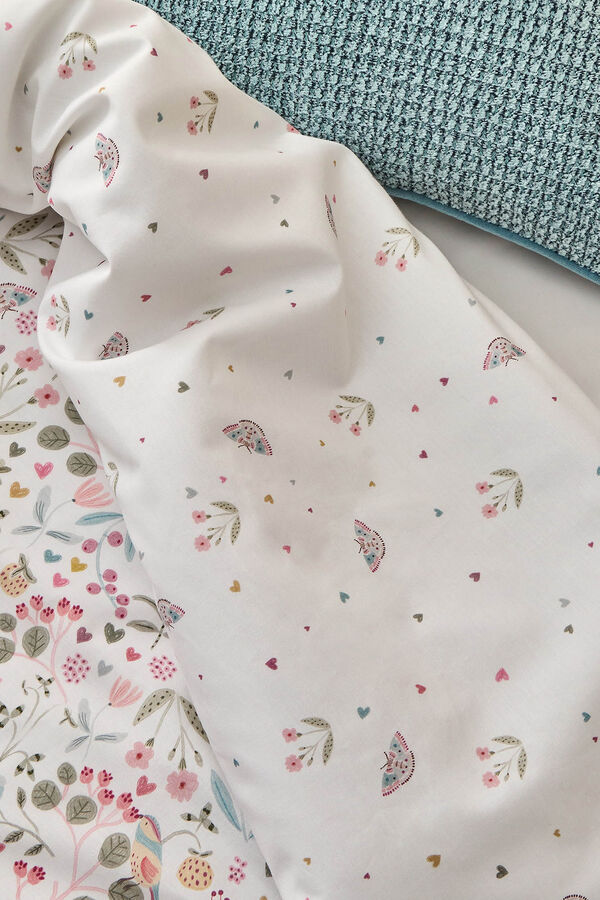 Textura Funda n&oacute;rdica algod&oacute;n flores y mariposas blanco