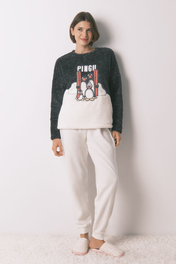Women'secret Pijama largo polar pelo suave bordado Pingu gris