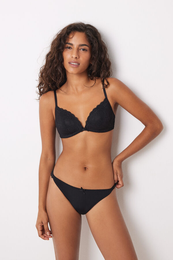 Women'secret Tanga microfibra y encaje negro negro