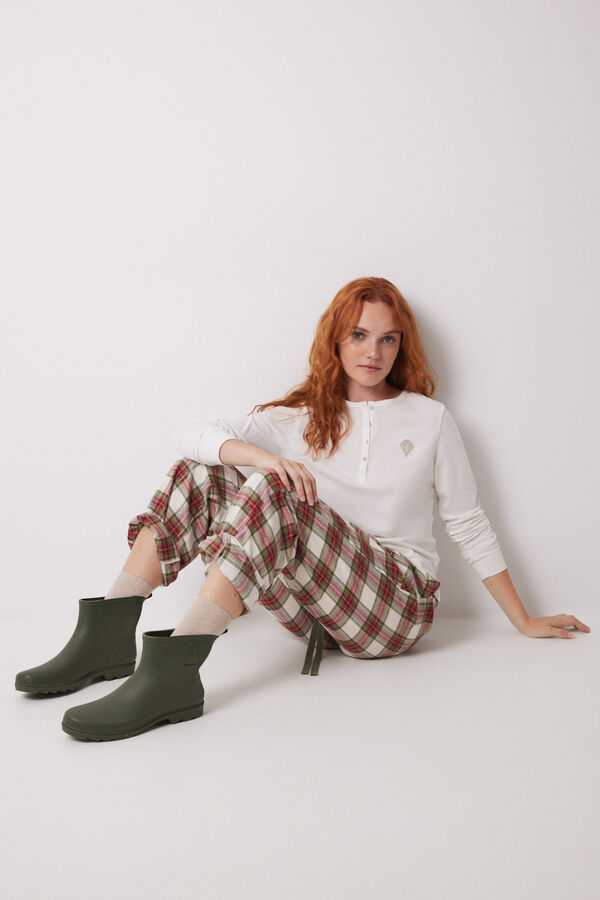 Women'secret Pantal&oacute;n pijama cuadros algod&oacute;n verde estampado