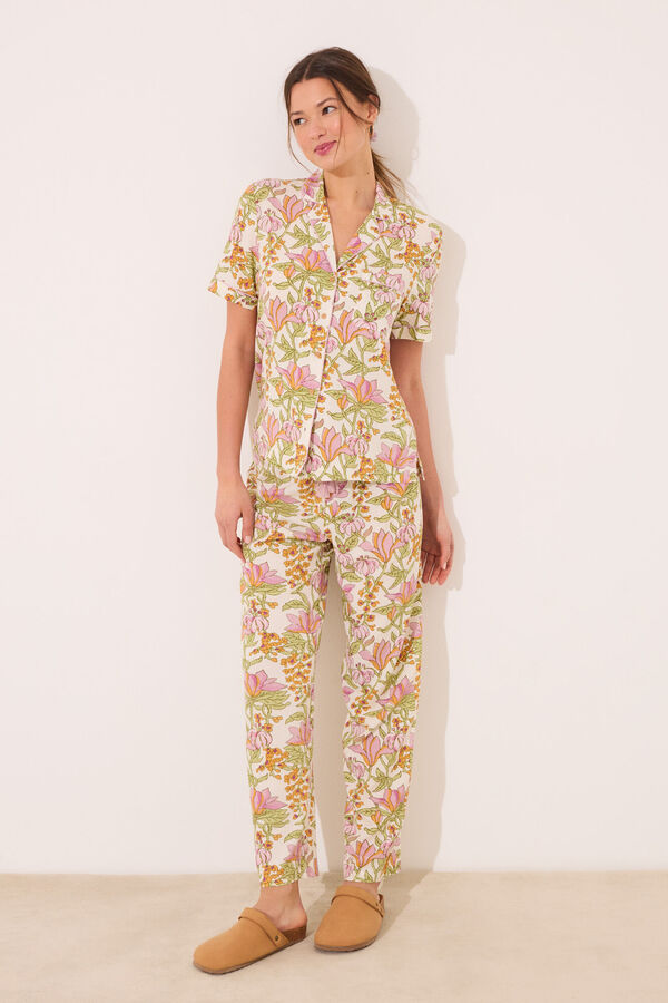Women'secret Pijama largo camisero viscosa estampado flores blanco