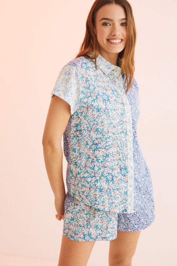 Womensecret Pijama camisero corto patchwork 100% algodón azul