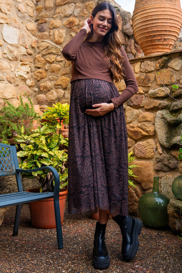 Ohma! Vestido de lactancia de tul estampado marr&oacute;n