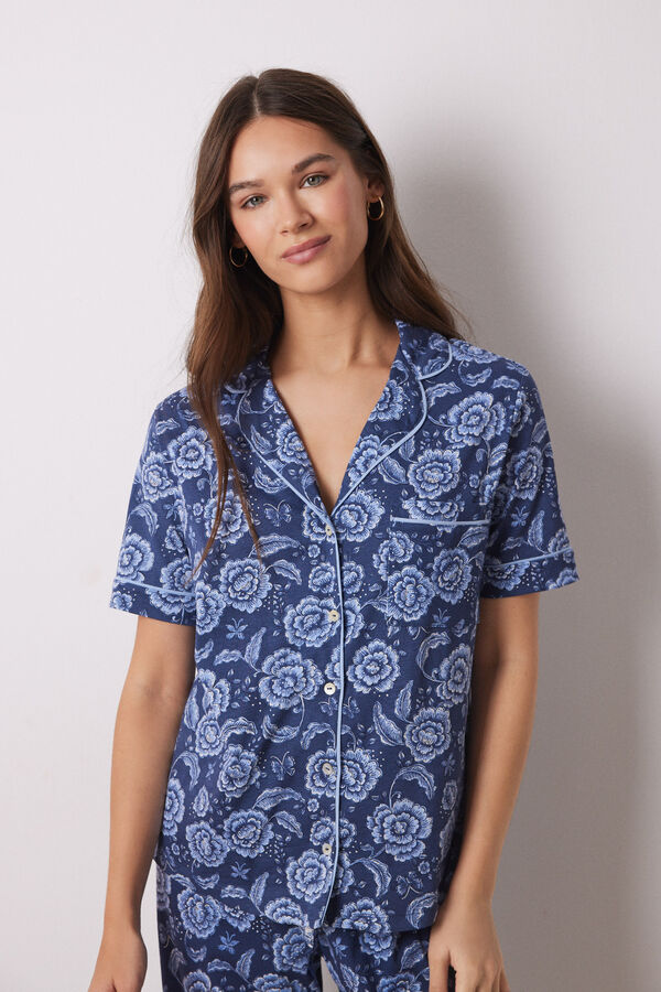 Women'secret Pijama camisa de algod&atilde;o manga curta cal&ccedil;a azul