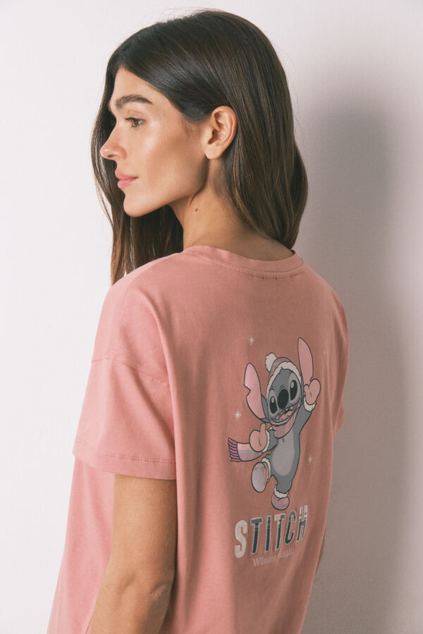 Women'secret Pijama largo 100% algod&oacute;n rosa cuadros Stitch gris