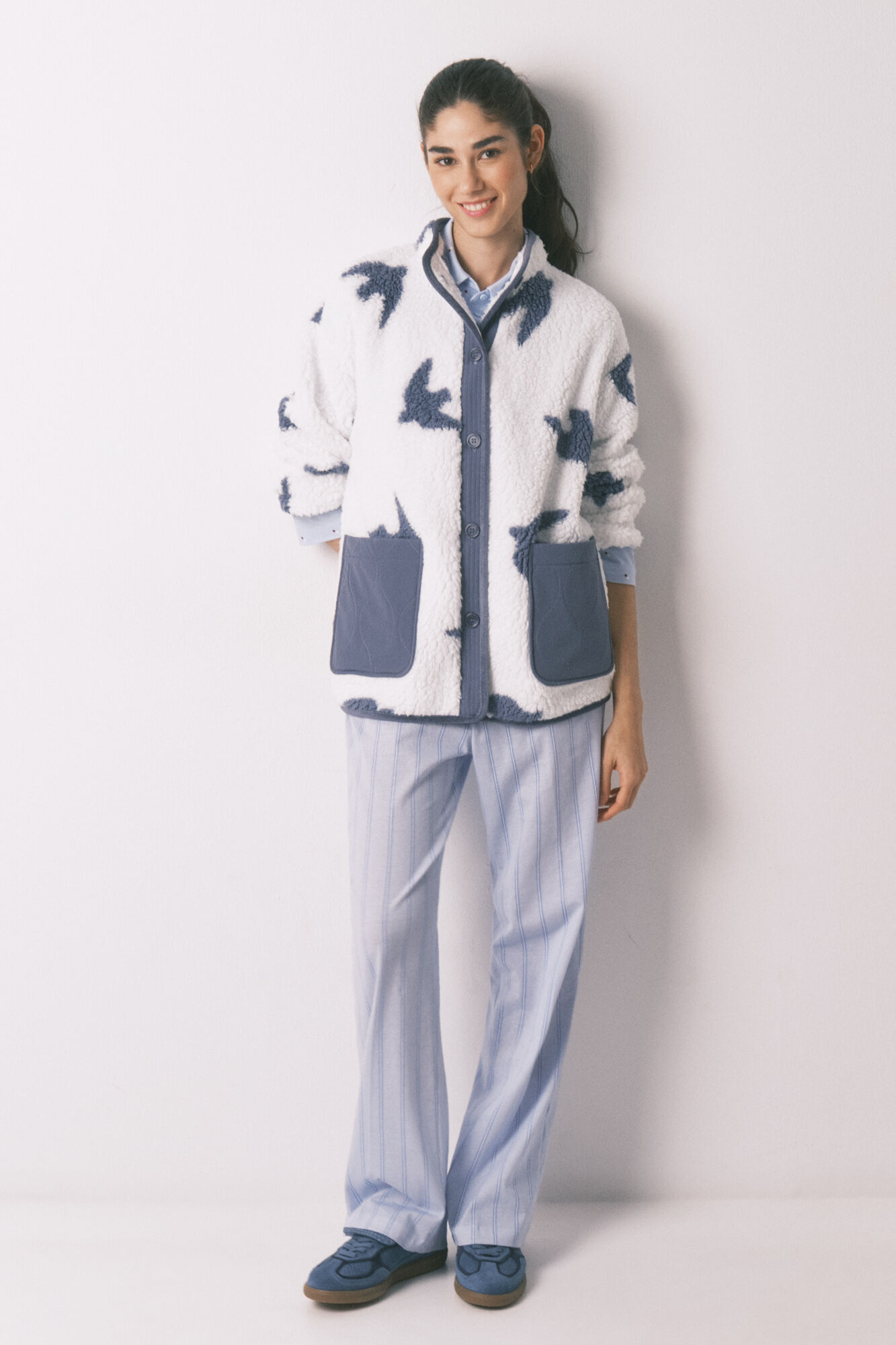 Women'secret Bata corta borreguito blanco estampado p&aacute;jaros