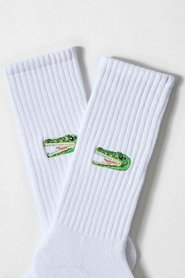 Besocks Meias altas com estampa de crocodilo, algodão orgânico branco branco