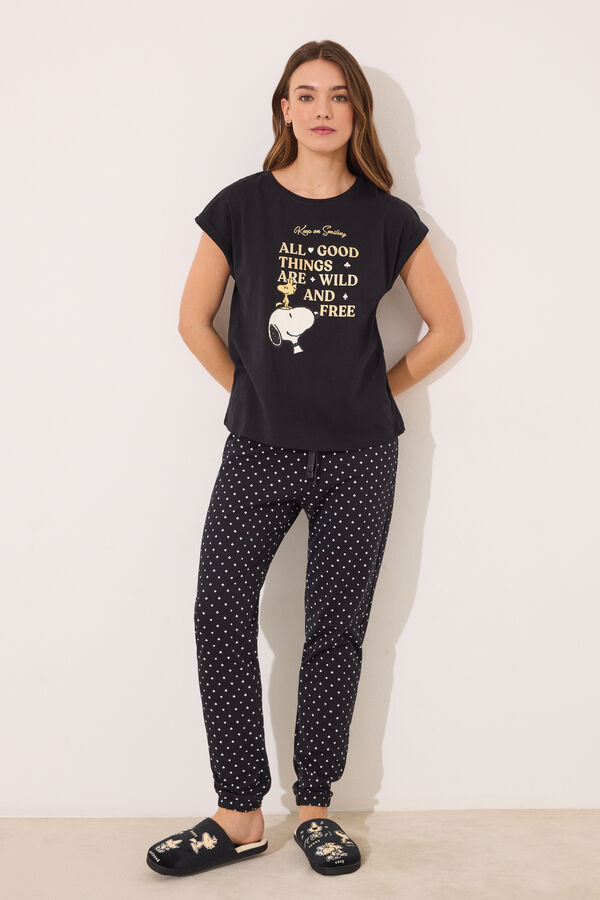Women'secret Pijama largo 100% algod&oacute;n Snoopy negro negro