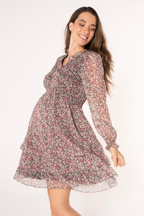 Ohma! Vestido amamenta&ccedil;&atilde;o estampado com folhos estampado