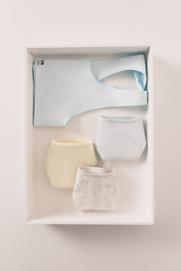 HI&BYE Pack 3 tangas em algod&atilde;o cinzento, amarelo e azul branco