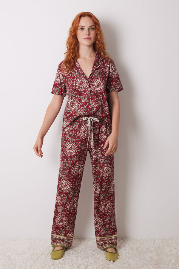 Women'secret Pijama camisero franela rojo paisley estampado