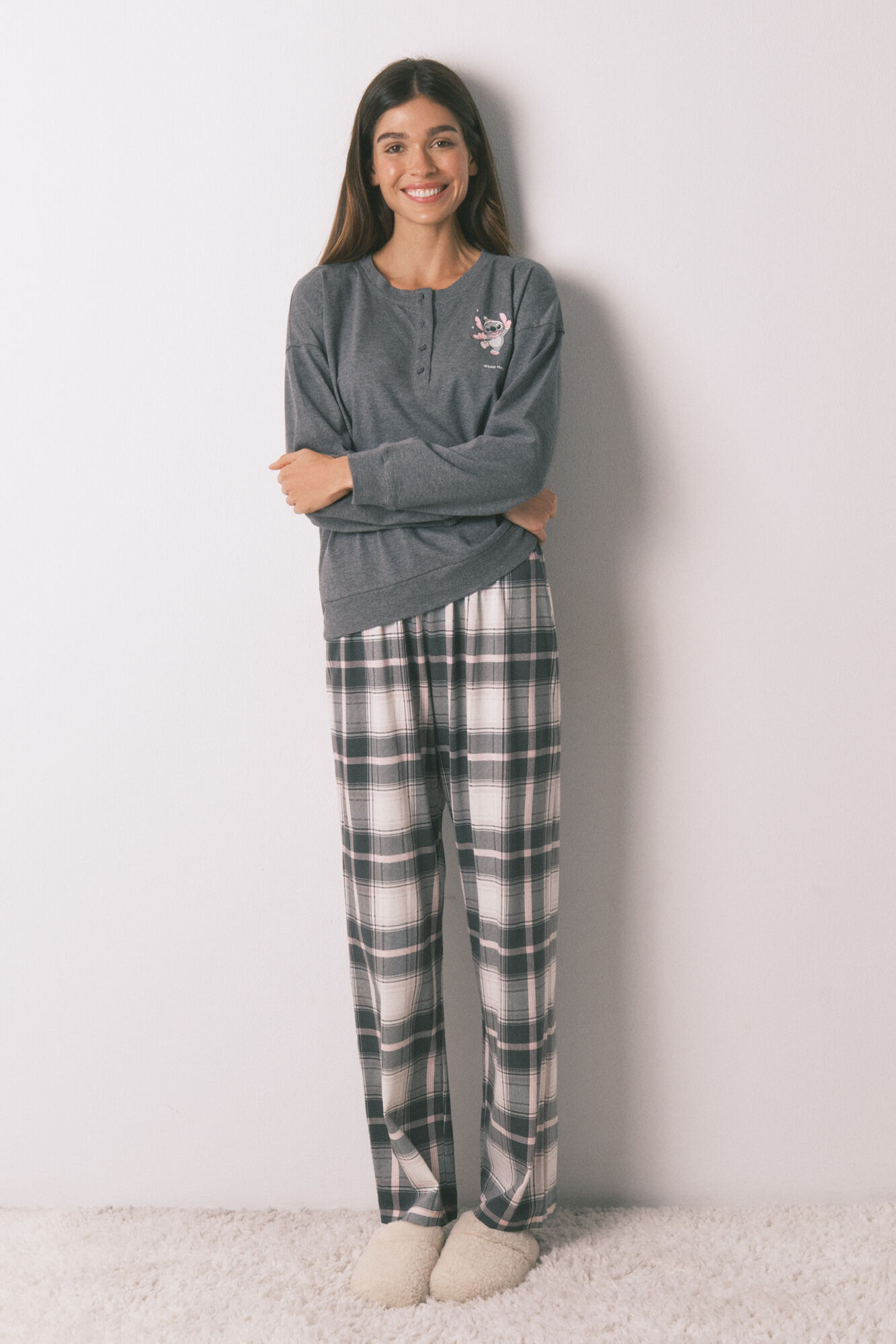 Women'secret Pijama largo 100% algod&oacute;n gris cuadros Stitch