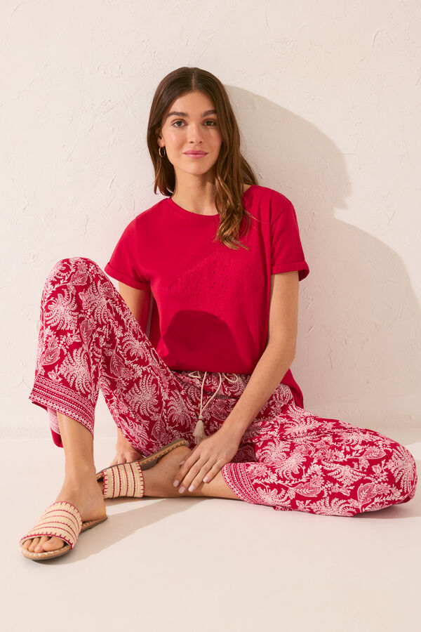 Women'secret Pantal&oacute;n largo viscosa estampado hojas rojo burdeos