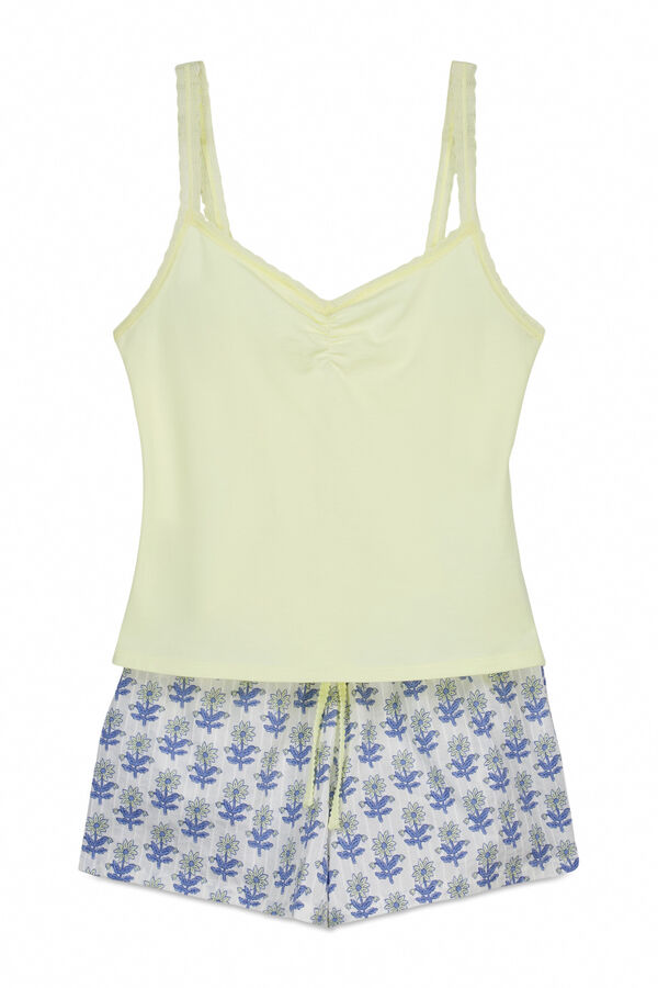 Women'secret Pijama curto de al&ccedil;as em algod&atilde;o amarelo estampado