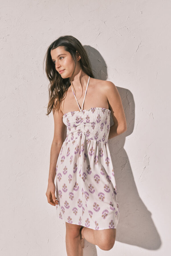 Women'secret Vestido curto com decote smock estampado branco